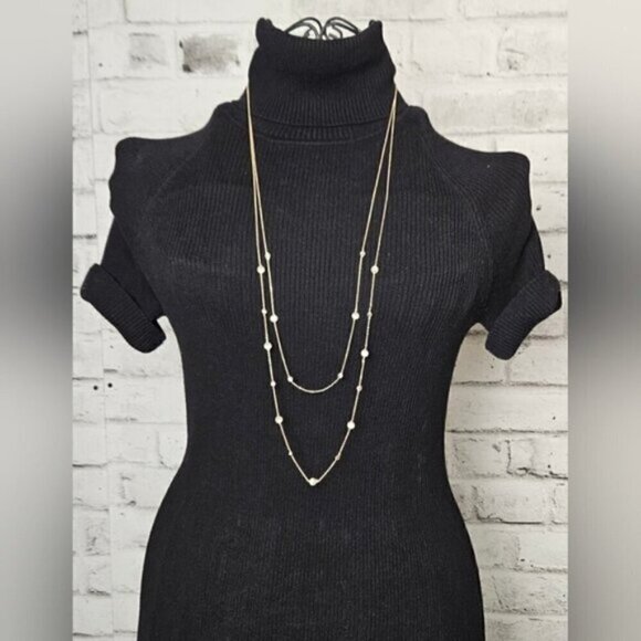 Gold Tone Double Layer Necklace w/ Pearls & Crystal Stations - Picture 1 of 6